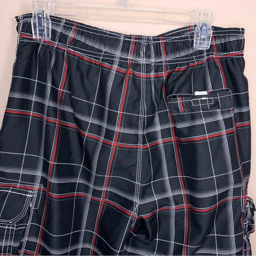 Medium OP Swim Board Trunks Shorts Black White Red Plaid Cargo Pockets